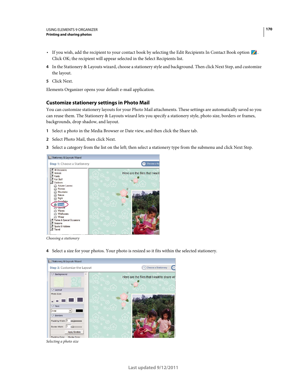 Customize stationery settings in photo mail | Adobe Elements Organizer 9 User Manual | Page 174 / 180