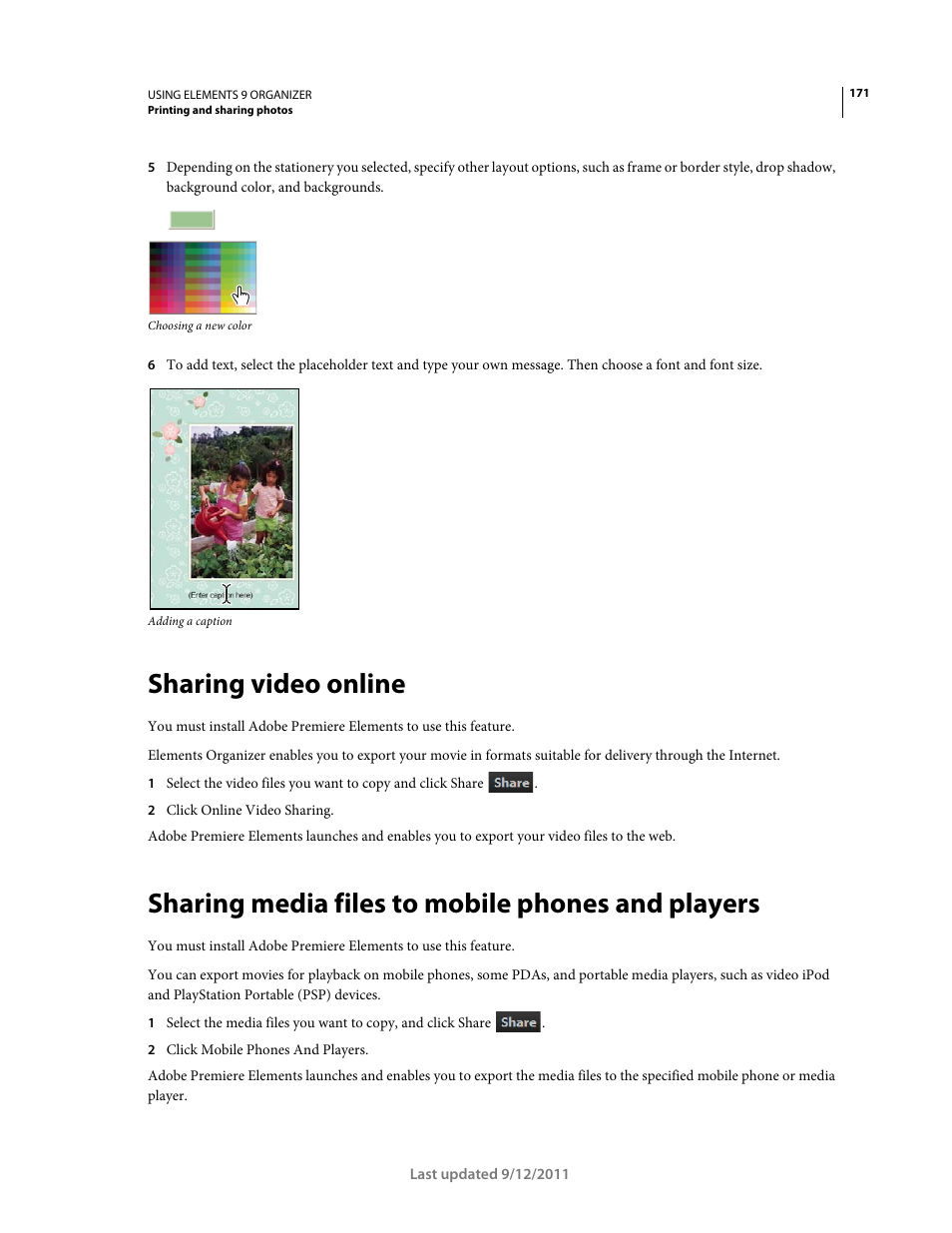 Sharing video online, Sharing media files to mobile phones and players | Adobe Elements Organizer 9 User Manual | Page 175 / 180