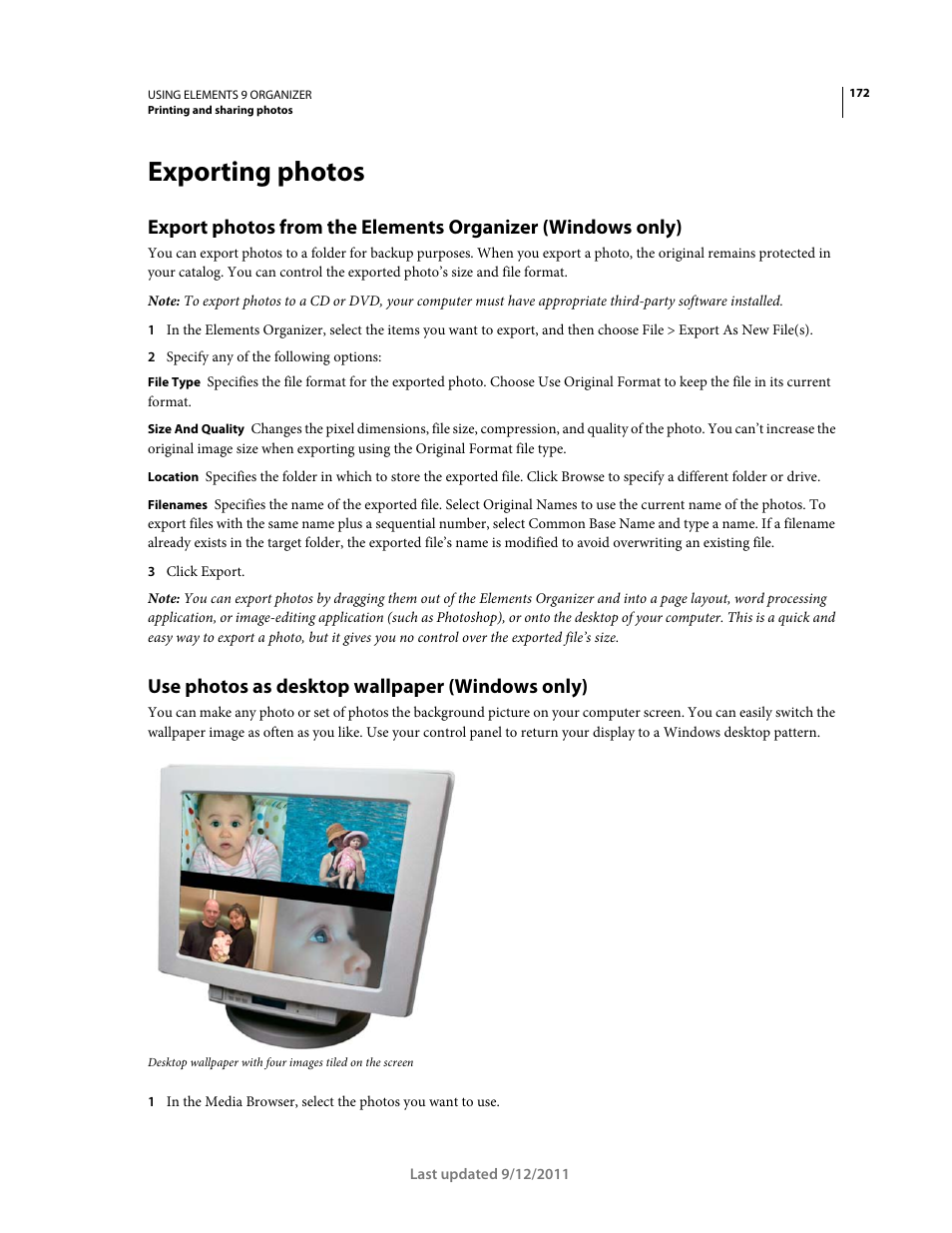 Exporting photos, Use photos as desktop wallpaper (windows only) | Adobe Elements Organizer 9 User Manual | Page 176 / 180