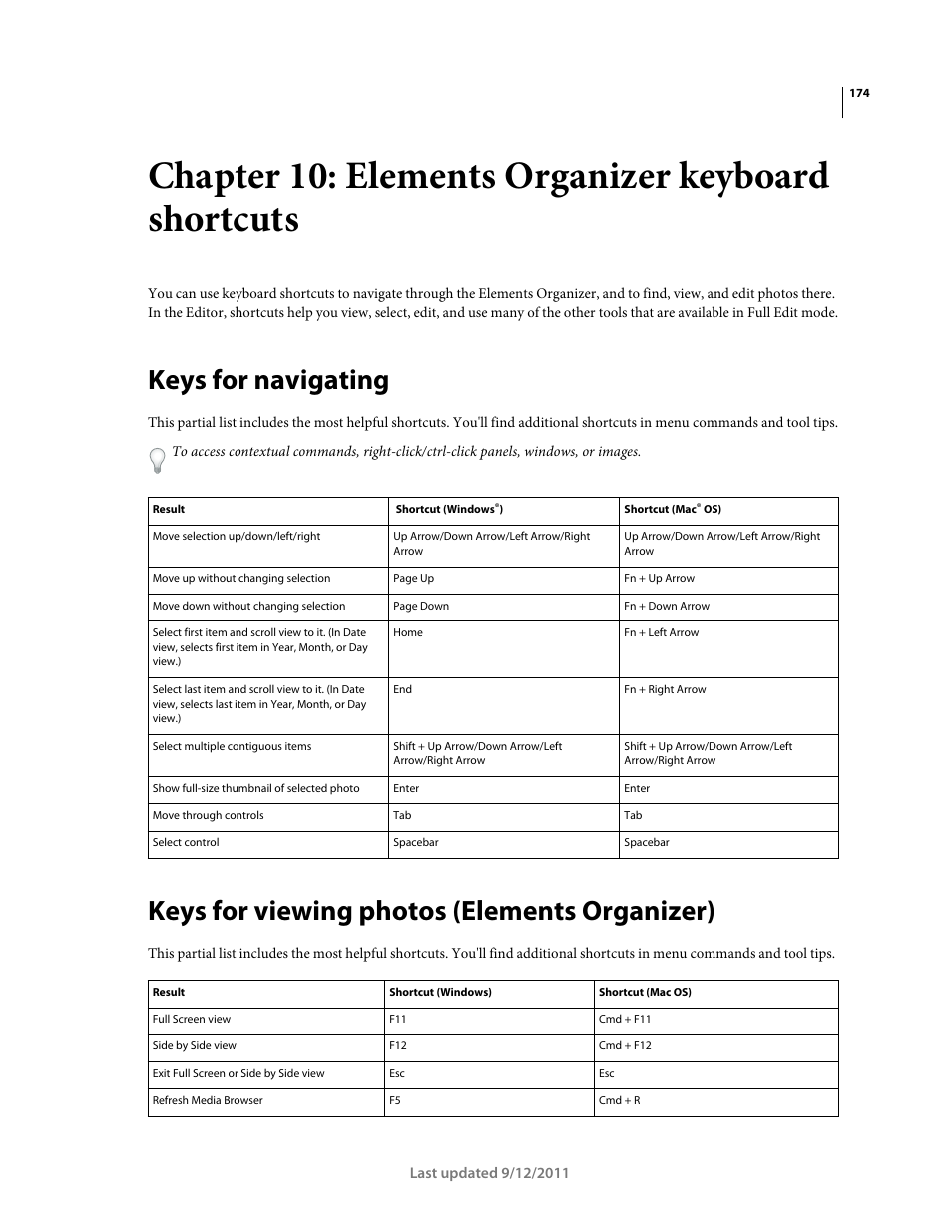 Chapter 10: elements organizer keyboard shortcuts, Keys for navigating, Keys for viewing photos (elements organizer) | Adobe Elements Organizer 9 User Manual | Page 178 / 180