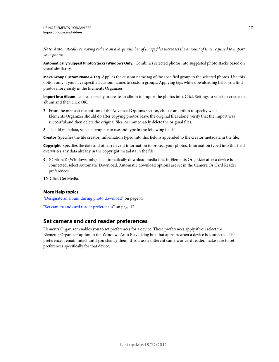 Set camera and card reader preferences | Adobe Elements Organizer 9 User Manual | Page 21 / 180