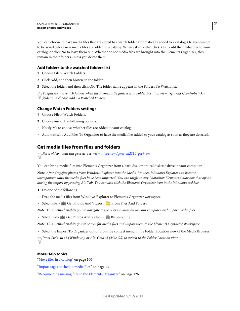 Add folders to the watched folders list, Change watch folders settings, Get media files from files and folders | Adobe Elements Organizer 9 User Manual | Page 25 / 180