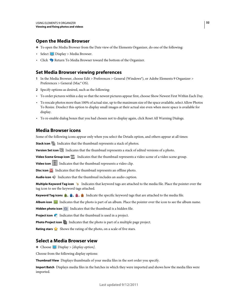 Open the media browser, Set media browser viewing preferences, Media browser icons | Select a media browser view | Adobe Elements Organizer 9 User Manual | Page 36 / 180