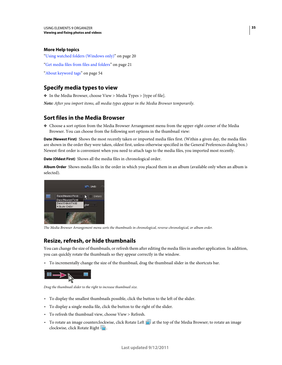 Specify media types to view, Sort files in the media browser, Resize, refresh, or hide thumbnails | Adobe Elements Organizer 9 User Manual | Page 39 / 180