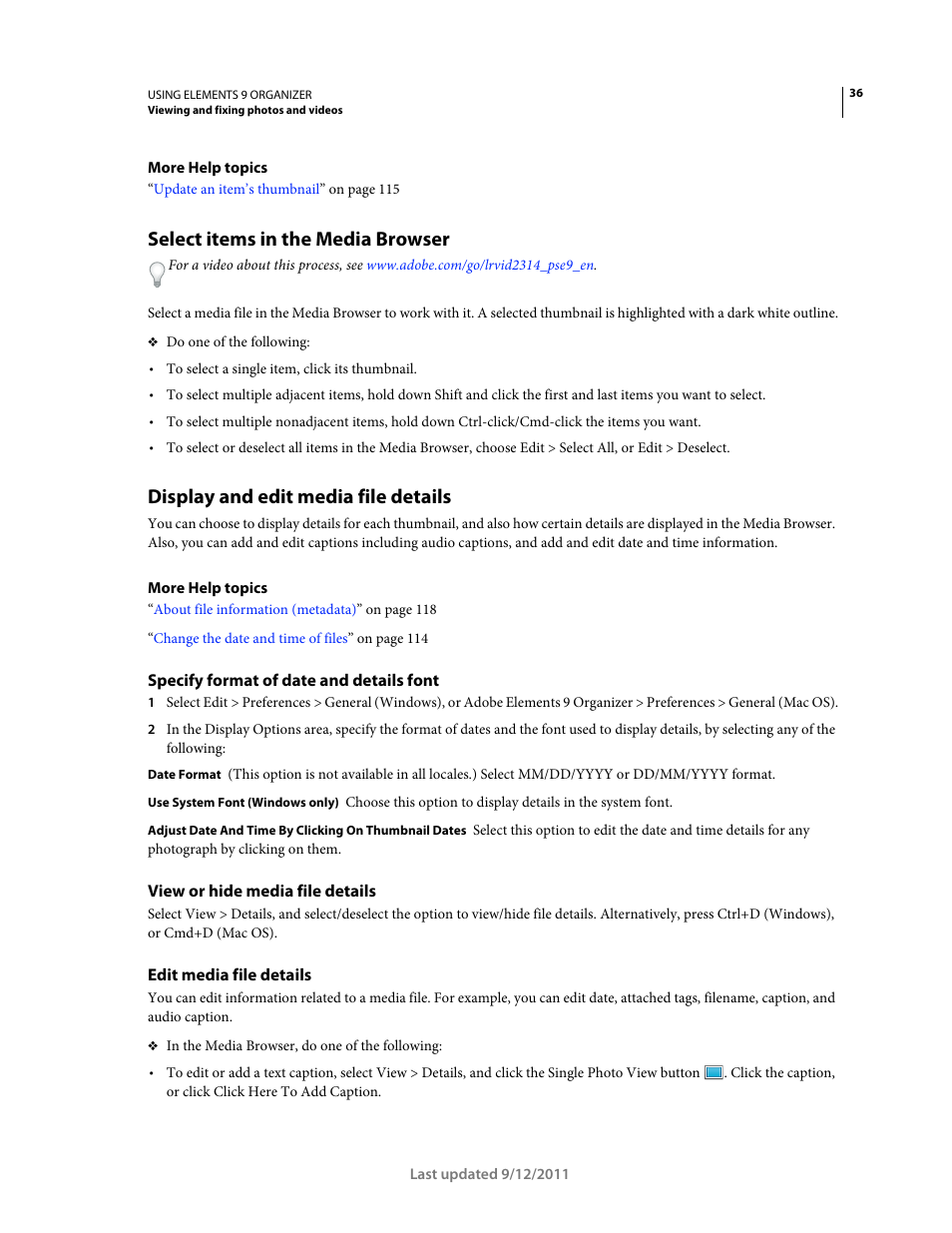 Select items in the media browser, Display and edit media file details, Specify format of date and details font | View or hide media file details, Edit media file details | Adobe Elements Organizer 9 User Manual | Page 40 / 180