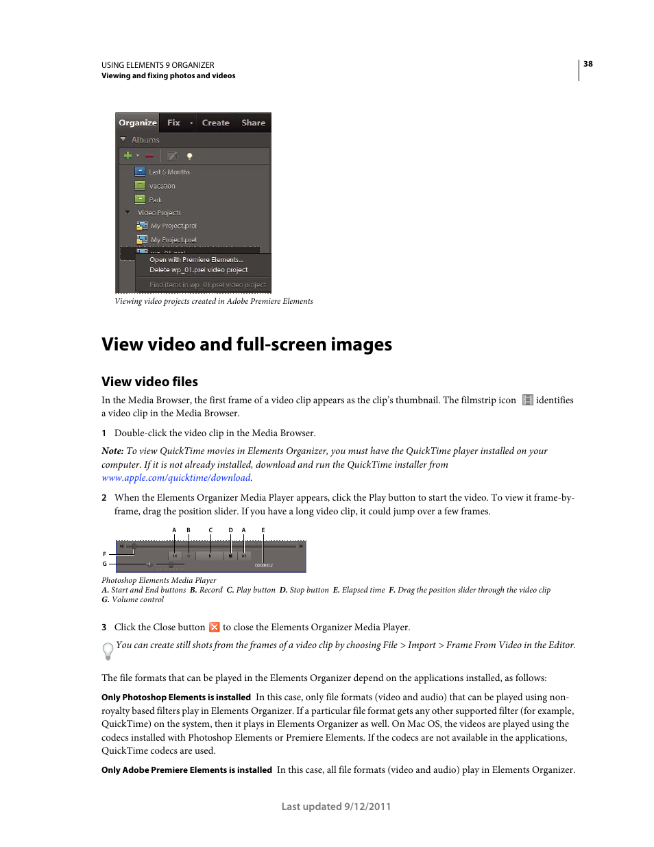 View video and full-screen images, View video files | Adobe Elements Organizer 9 User Manual | Page 42 / 180