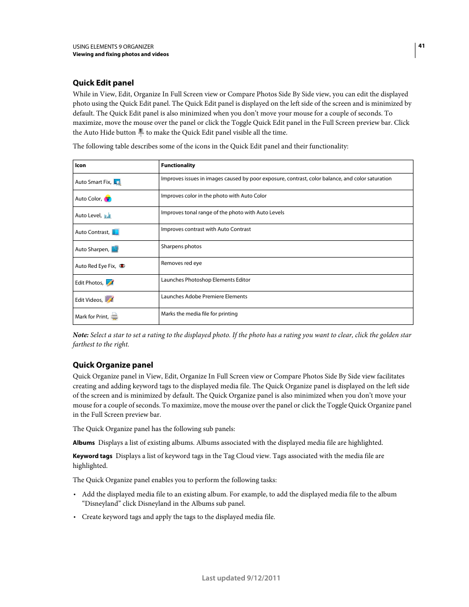 Quick edit panel, Quick organize panel | Adobe Elements Organizer 9 User Manual | Page 45 / 180