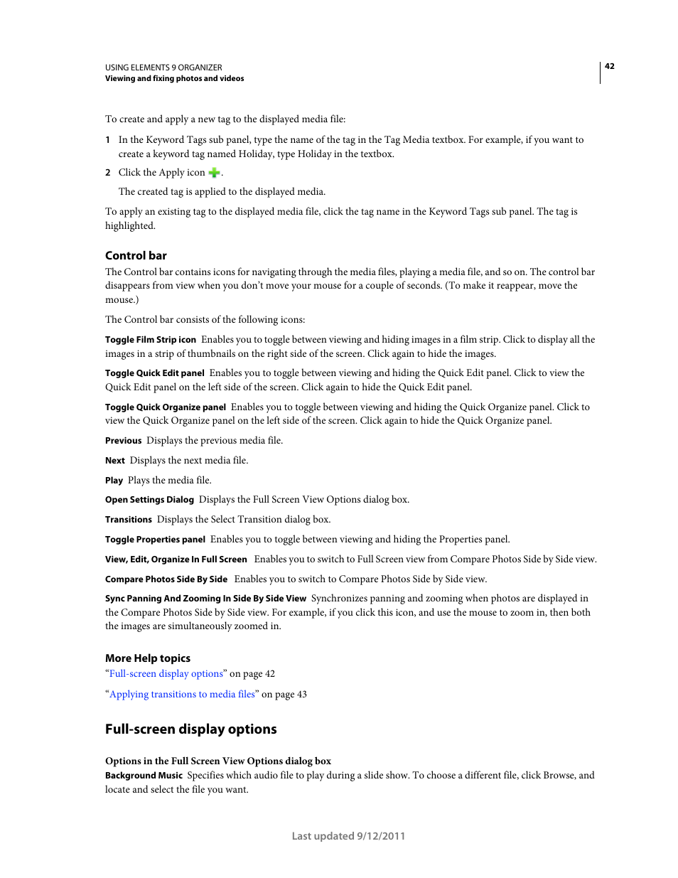Control bar, Full-screen display options | Adobe Elements Organizer 9 User Manual | Page 46 / 180