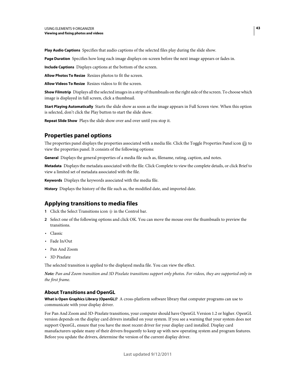 Properties panel options, Applying transitions to media files, About transitions and opengl | Adobe Elements Organizer 9 User Manual | Page 47 / 180