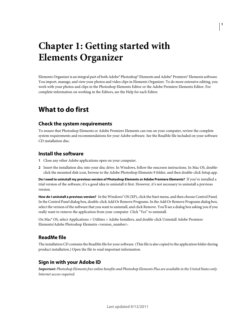 Chapter 1: getting started with elements organizer, What to do first, Check the system requirements | Install the software, Readme file, Sign in with your adobe id, Chapter 1: getting started with elements, Organizer | Adobe Elements Organizer 9 User Manual | Page 5 / 180