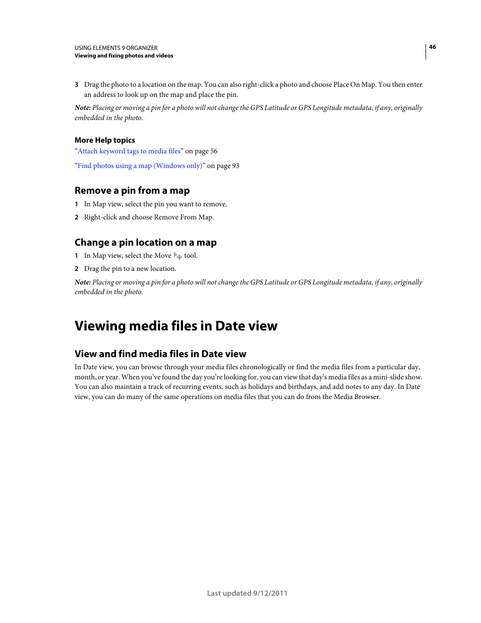 Remove a pin from a map, Change a pin location on a map, Viewing media files in date view | View and find media files in date view | Adobe Elements Organizer 9 User Manual | Page 50 / 180