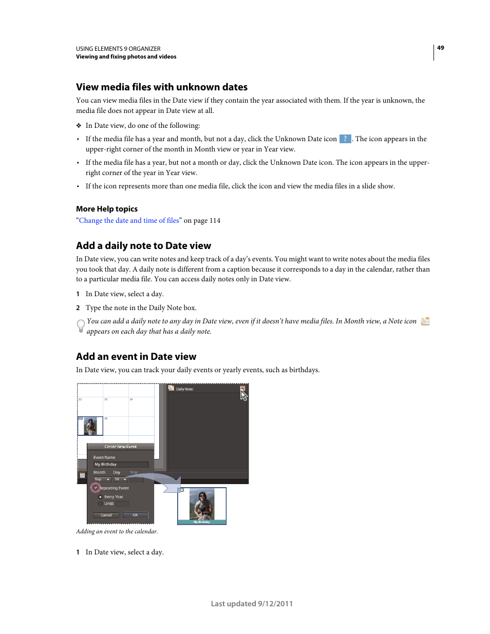 View media files with unknown dates, Add a daily note to date view, Add an event in date view | Adobe Elements Organizer 9 User Manual | Page 53 / 180