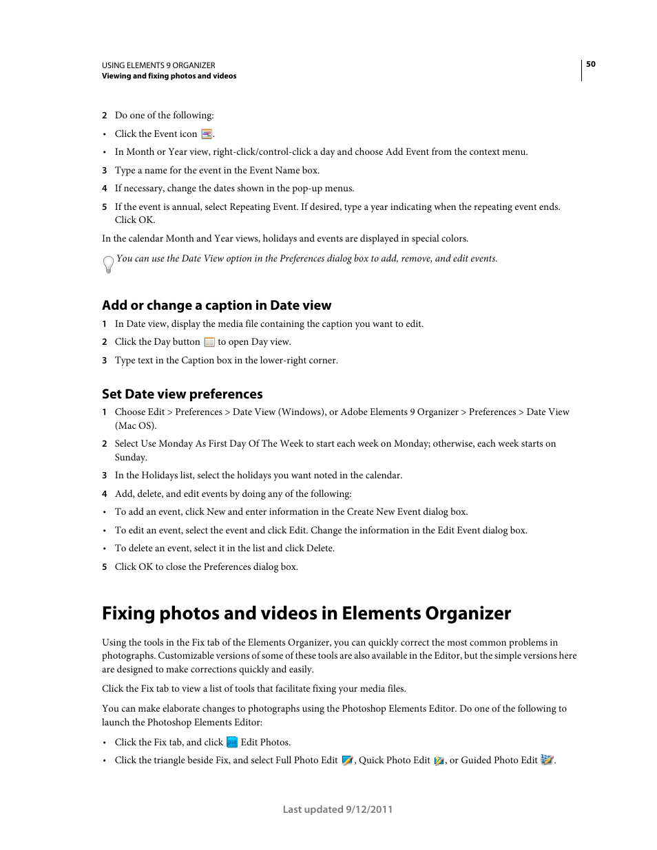 Add or change a caption in date view, Set date view preferences, Fixing photos and videos in elements organizer | Adobe Elements Organizer 9 User Manual | Page 54 / 180