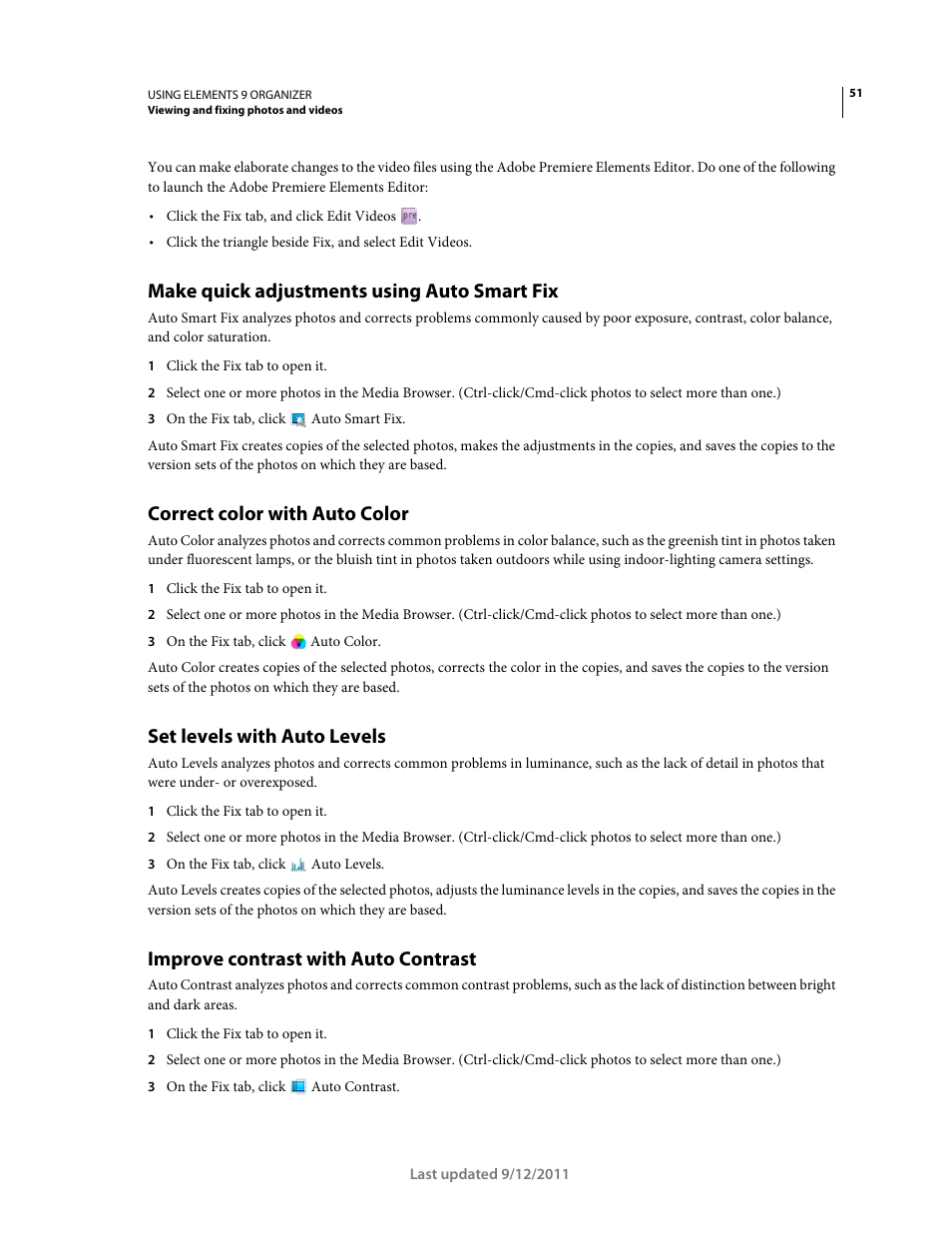 Make quick adjustments using auto smart fix, Correct color with auto color, Set levels with auto levels | Improve contrast with auto contrast | Adobe Elements Organizer 9 User Manual | Page 55 / 180