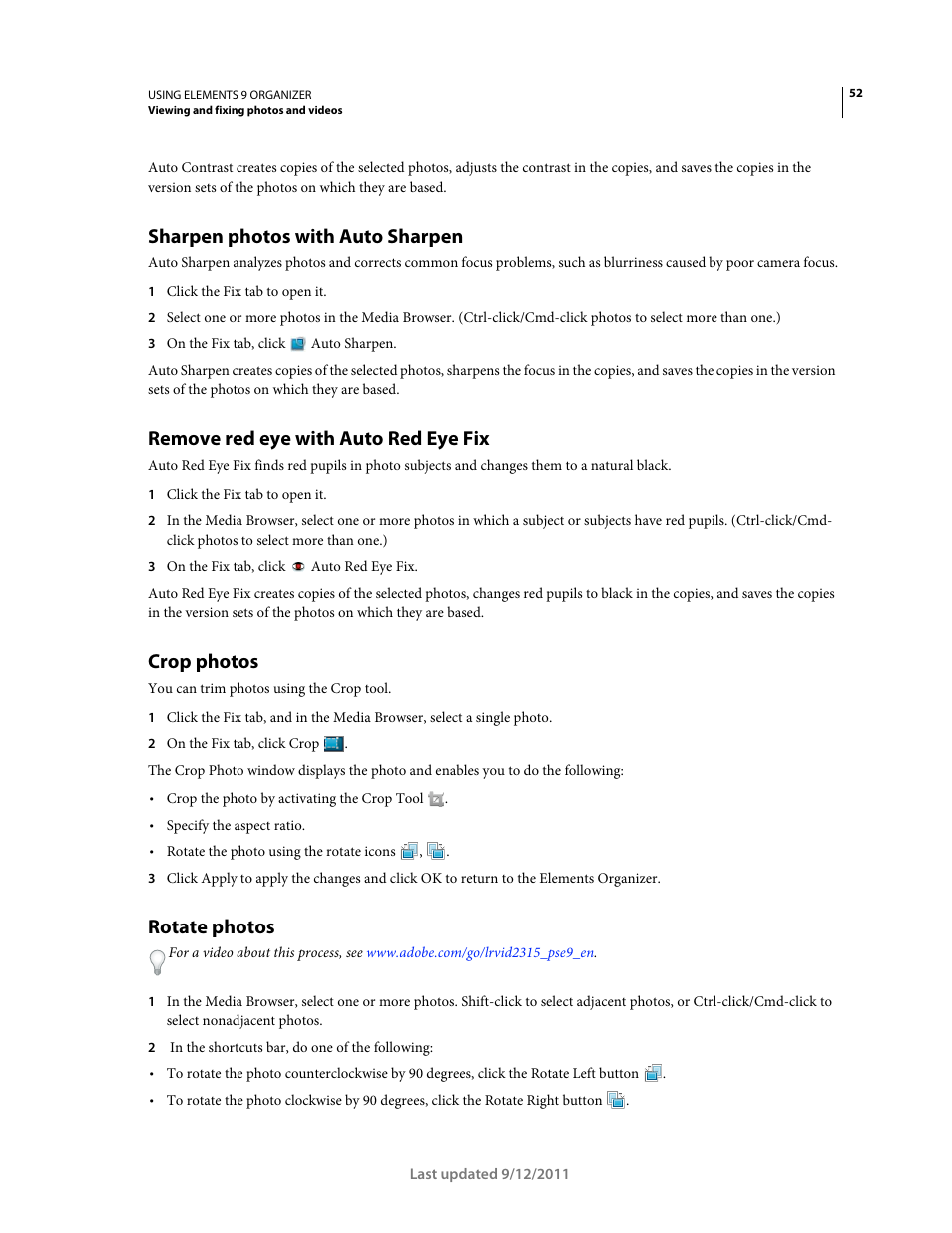 Sharpen photos with auto sharpen, Remove red eye with auto red eye fix, Crop photos | Rotate photos | Adobe Elements Organizer 9 User Manual | Page 56 / 180