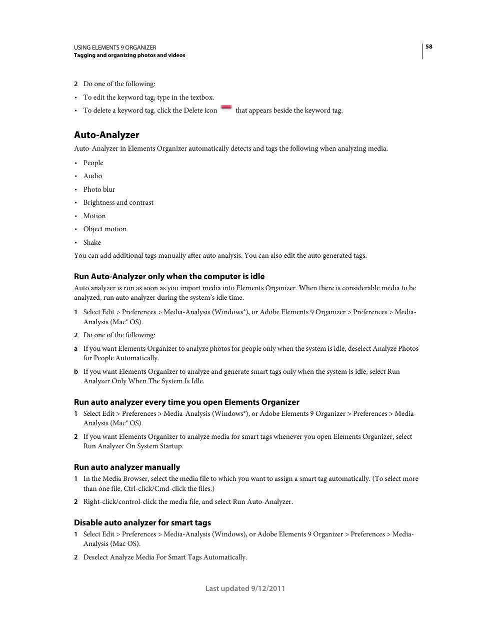 Auto-analyzer, Run auto-analyzer only when the computer is idle, Run auto analyzer manually | Disable auto analyzer for smart tags | Adobe Elements Organizer 9 User Manual | Page 62 / 180