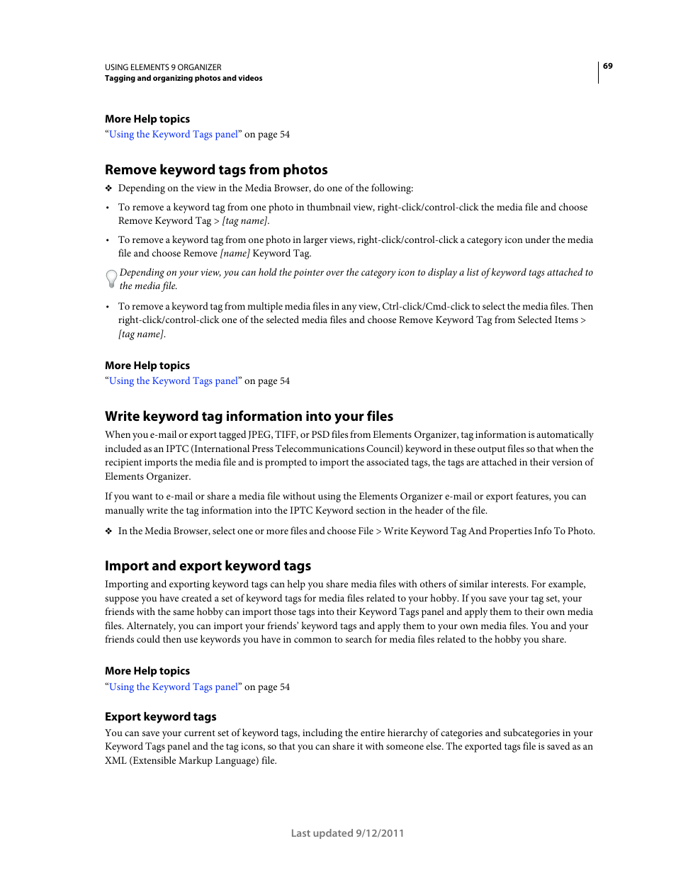 Remove keyword tags from photos, Write keyword tag information into your files, Import and export keyword tags | Export keyword tags | Adobe Elements Organizer 9 User Manual | Page 73 / 180