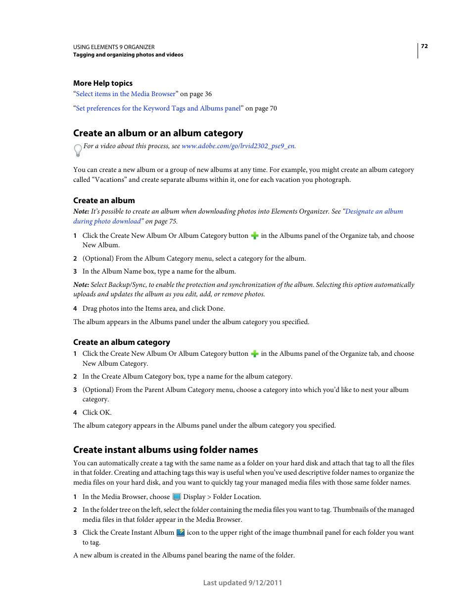 Create an album or an album category, Create an album, Create an album category | Create instant albums using folder names | Adobe Elements Organizer 9 User Manual | Page 76 / 180