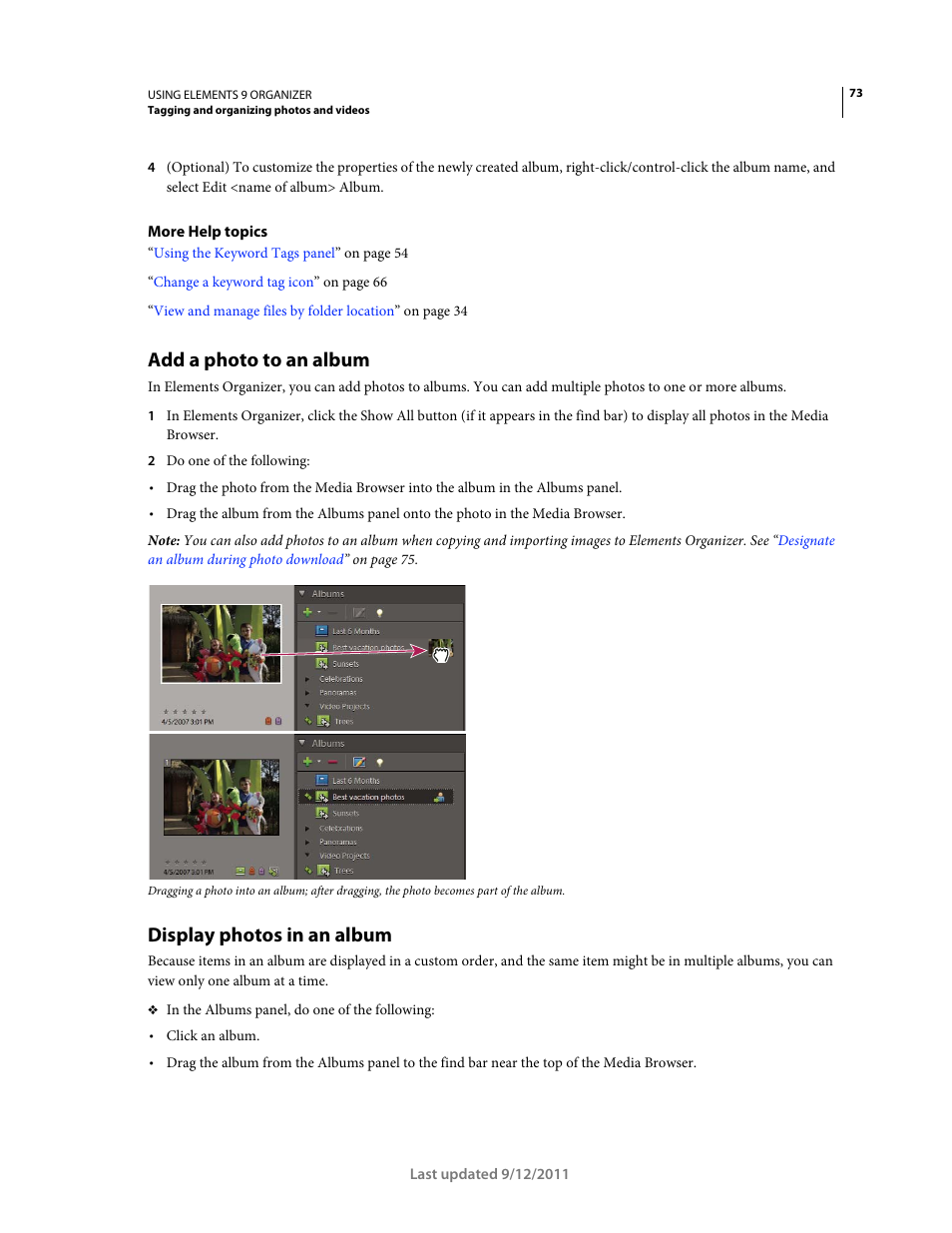 Add a photo to an album, Display photos in an album | Adobe Elements Organizer 9 User Manual | Page 77 / 180