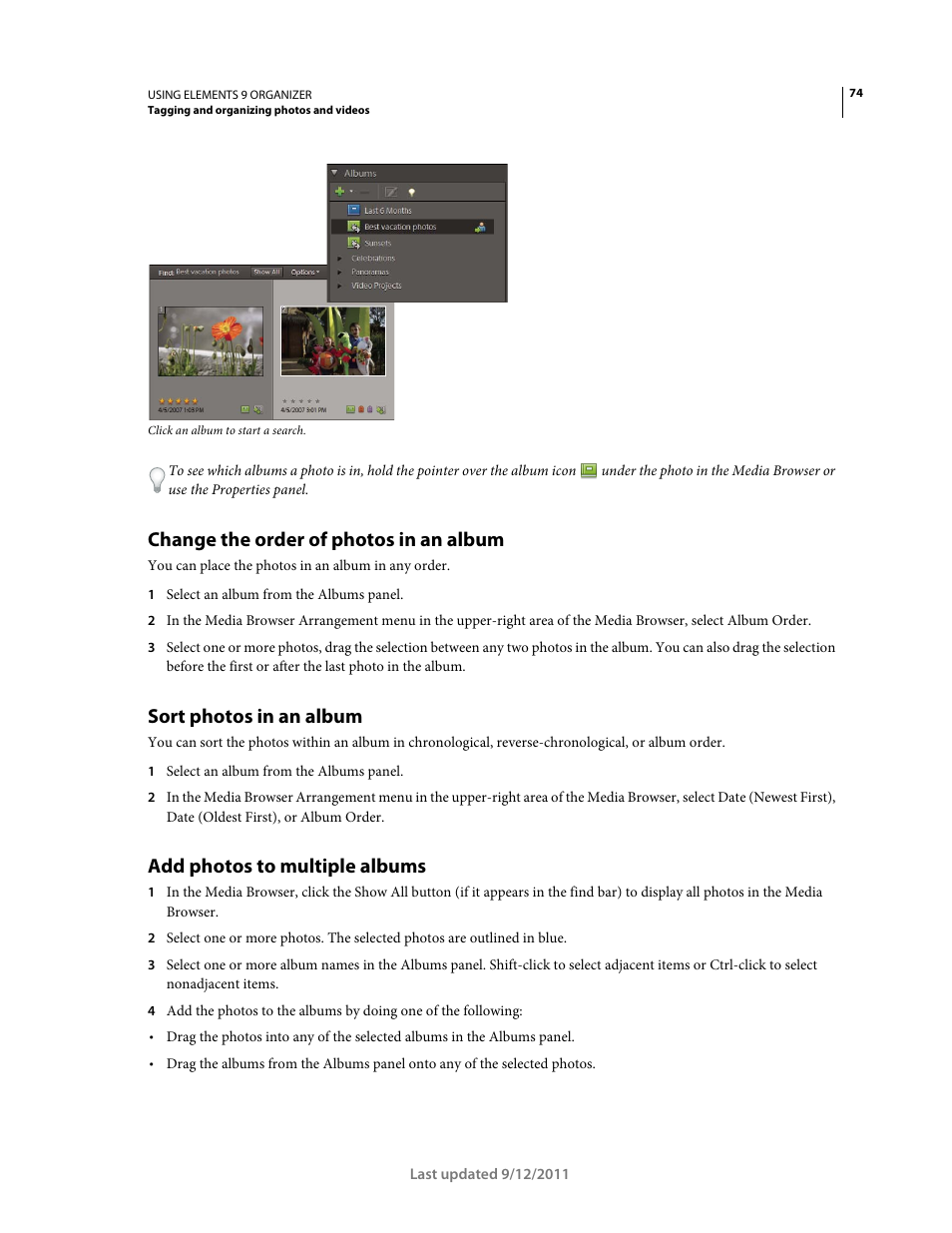 Change the order of photos in an album, Sort photos in an album, Add photos to multiple albums | Adobe Elements Organizer 9 User Manual | Page 78 / 180