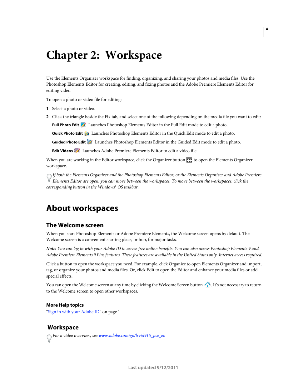 Chapter 2: workspace, About workspaces, The welcome screen | Workspace | Adobe Elements Organizer 9 User Manual | Page 8 / 180