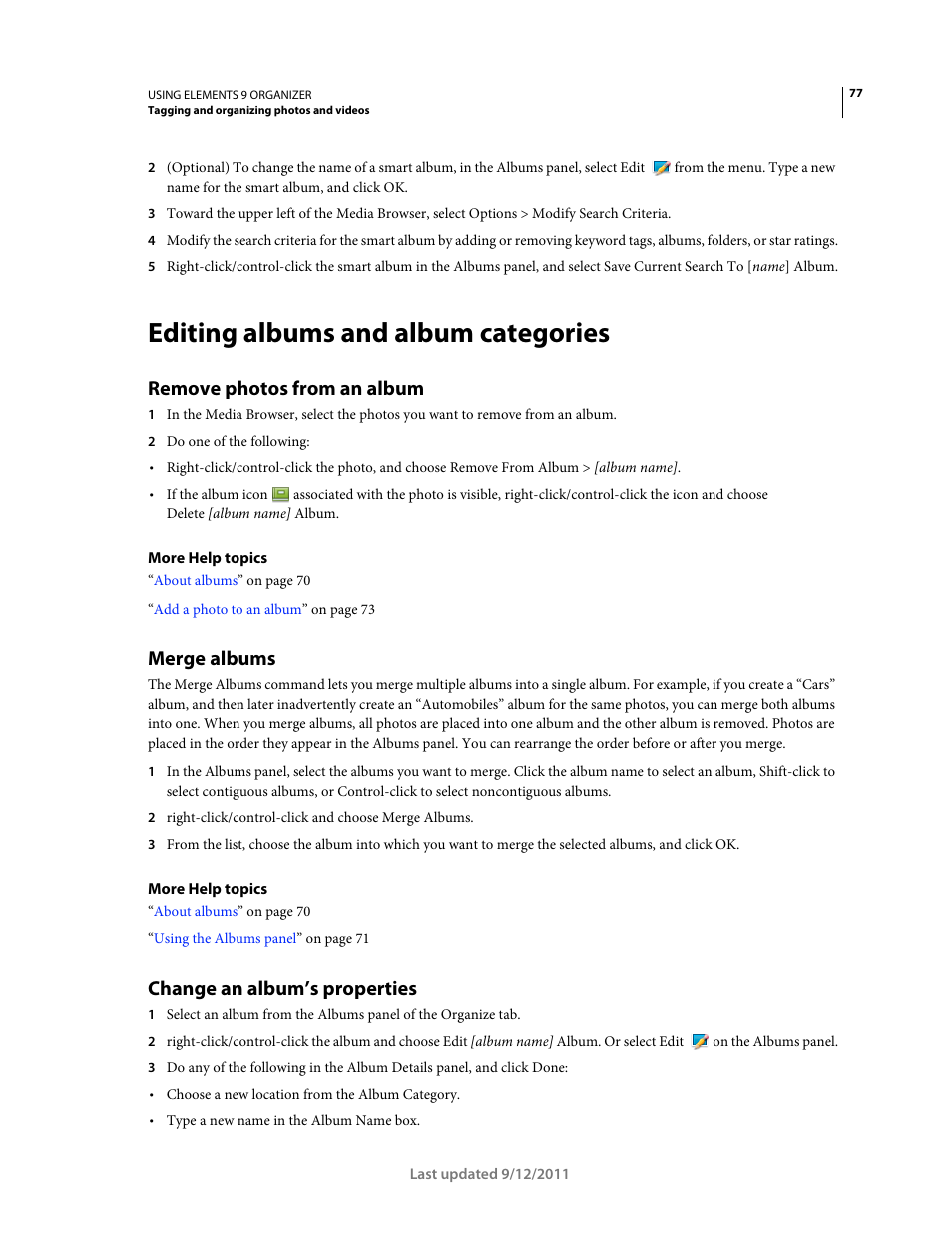 Editing albums and album categories, Remove photos from an album, Merge albums | Change an album’s properties | Adobe Elements Organizer 9 User Manual | Page 81 / 180