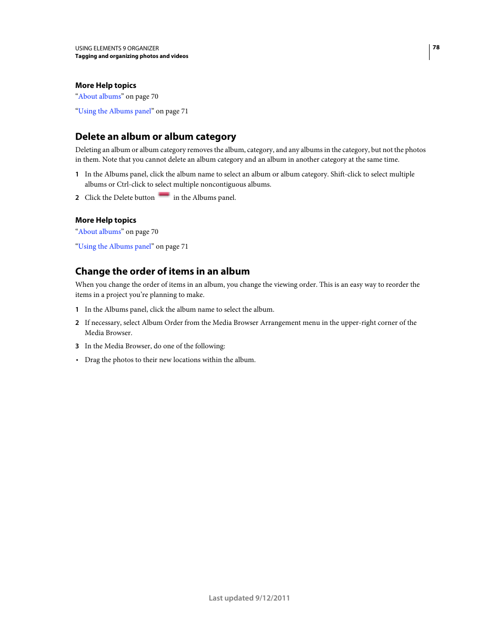Delete an album or album category, Change the order of items in an album | Adobe Elements Organizer 9 User Manual | Page 82 / 180
