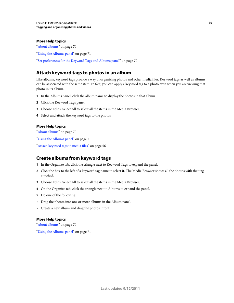 Attach keyword tags to photos in an album, Create albums from keyword tags | Adobe Elements Organizer 9 User Manual | Page 84 / 180