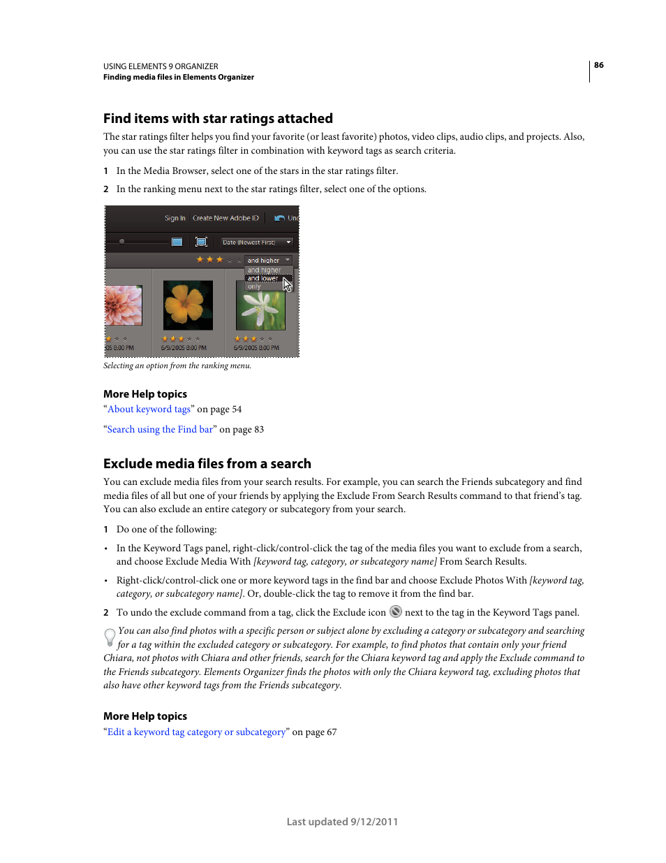 Find items with star ratings attached, Exclude media files from a search | Adobe Elements Organizer 9 User Manual | Page 90 / 180