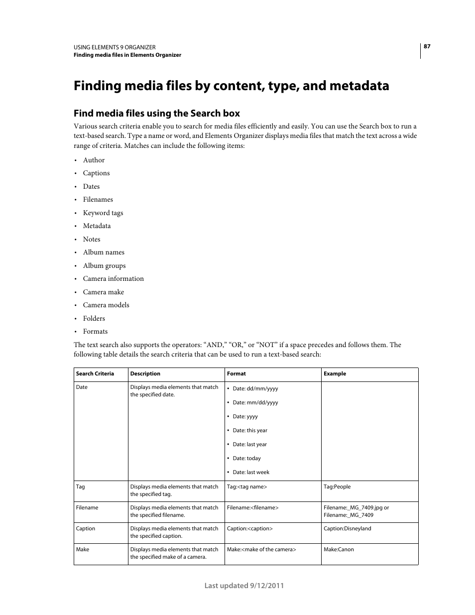 Finding media files by content, type, and metadata, Find media files using the search box | Adobe Elements Organizer 9 User Manual | Page 91 / 180