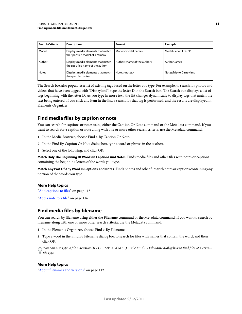 Find media files by caption or note, Find media files by filename | Adobe Elements Organizer 9 User Manual | Page 92 / 180