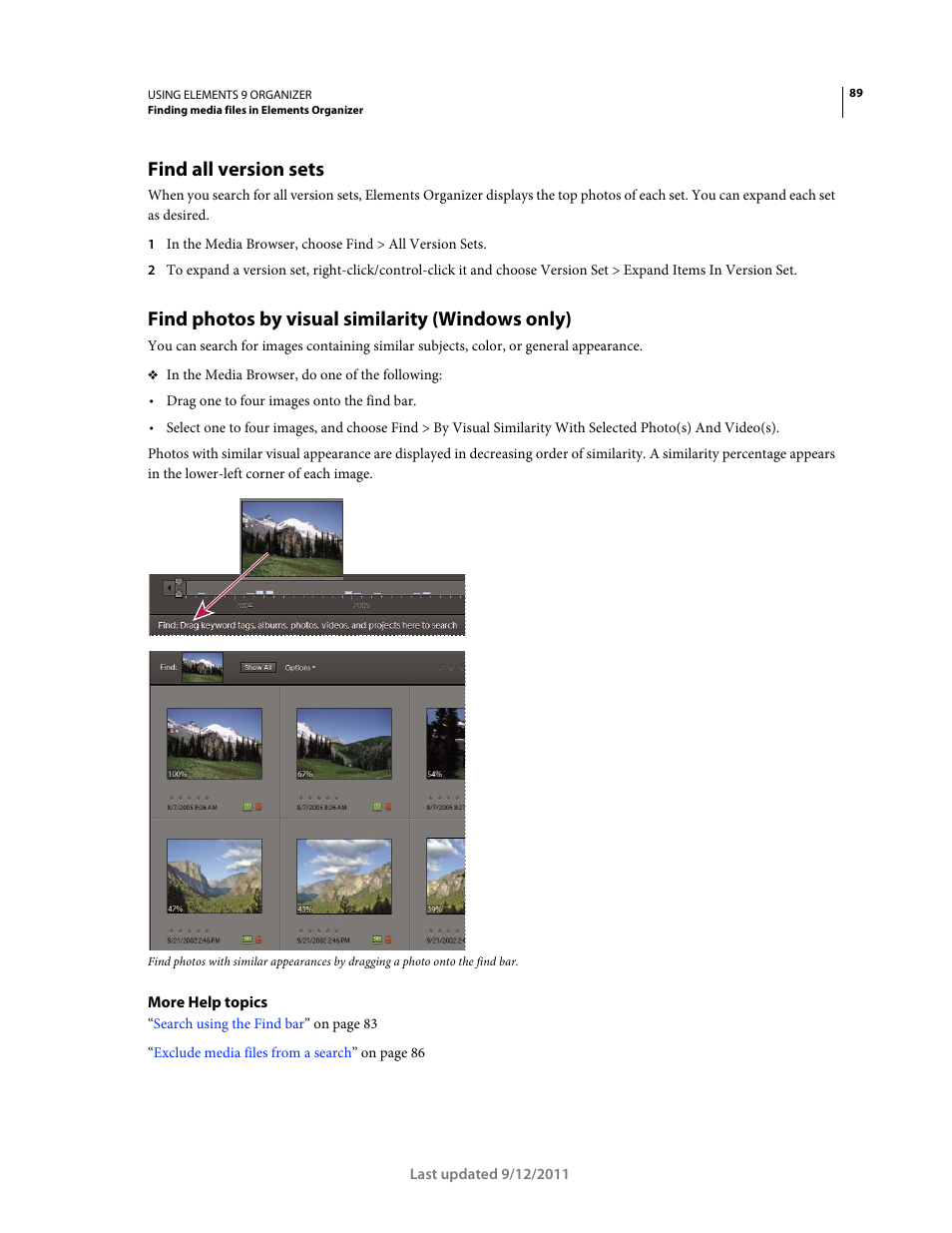 Find all version sets, Find photos by visual similarity (windows only) | Adobe Elements Organizer 9 User Manual | Page 93 / 180
