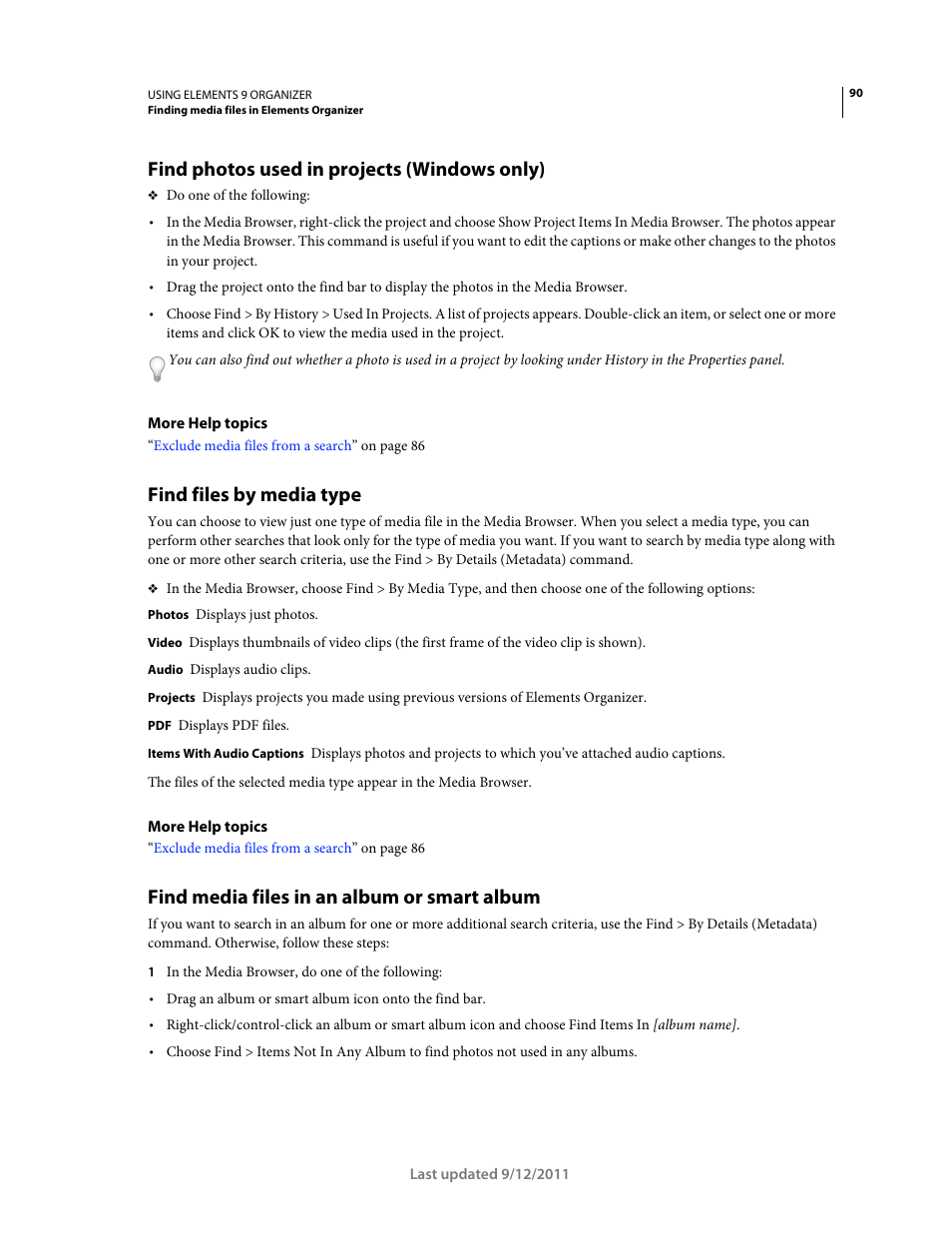Find photos used in projects (windows only), Find files by media type, Find media files in an album or smart album | Adobe Elements Organizer 9 User Manual | Page 94 / 180