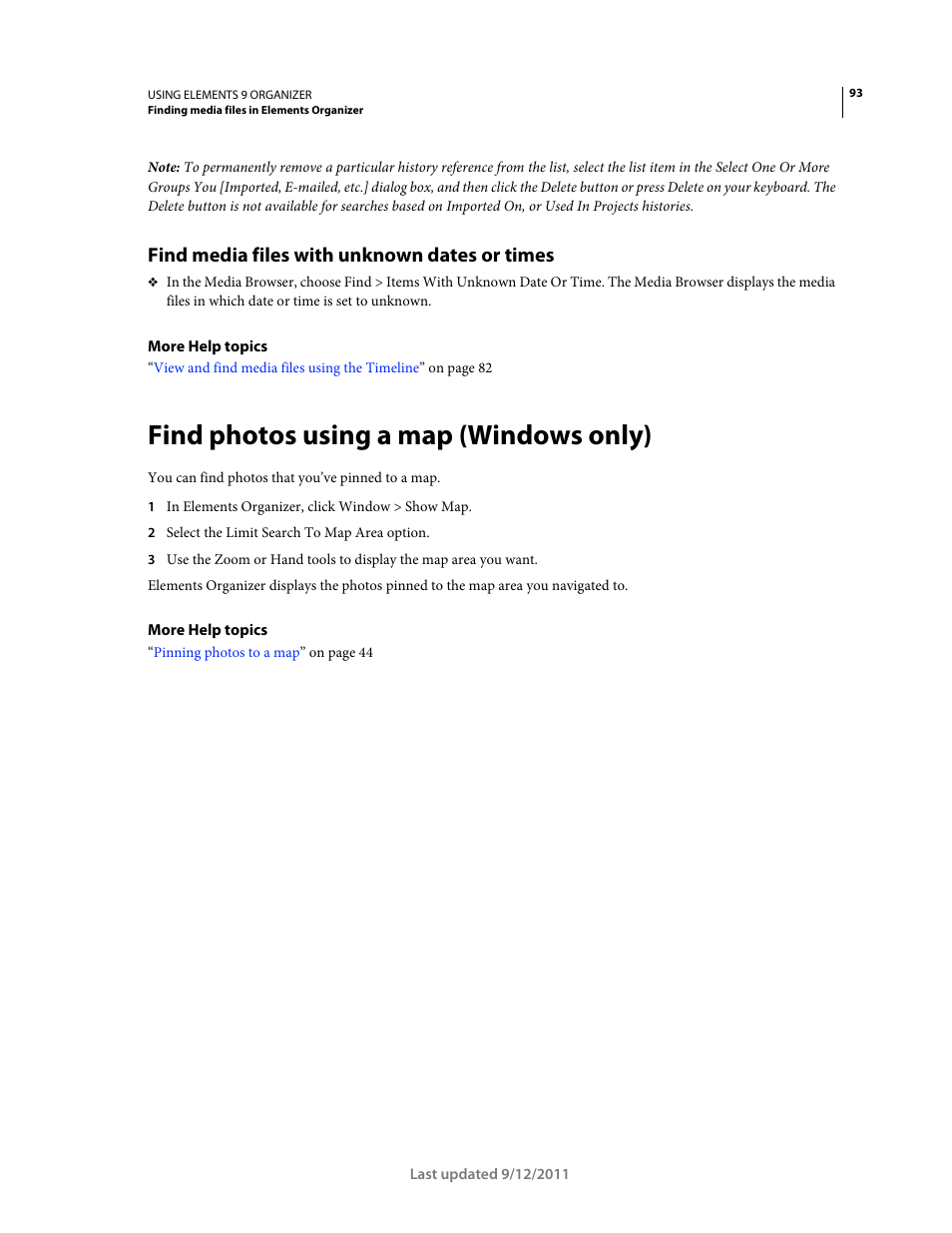 Find media files with unknown dates or times, Find photos using a map (windows only) | Adobe Elements Organizer 9 User Manual | Page 97 / 180