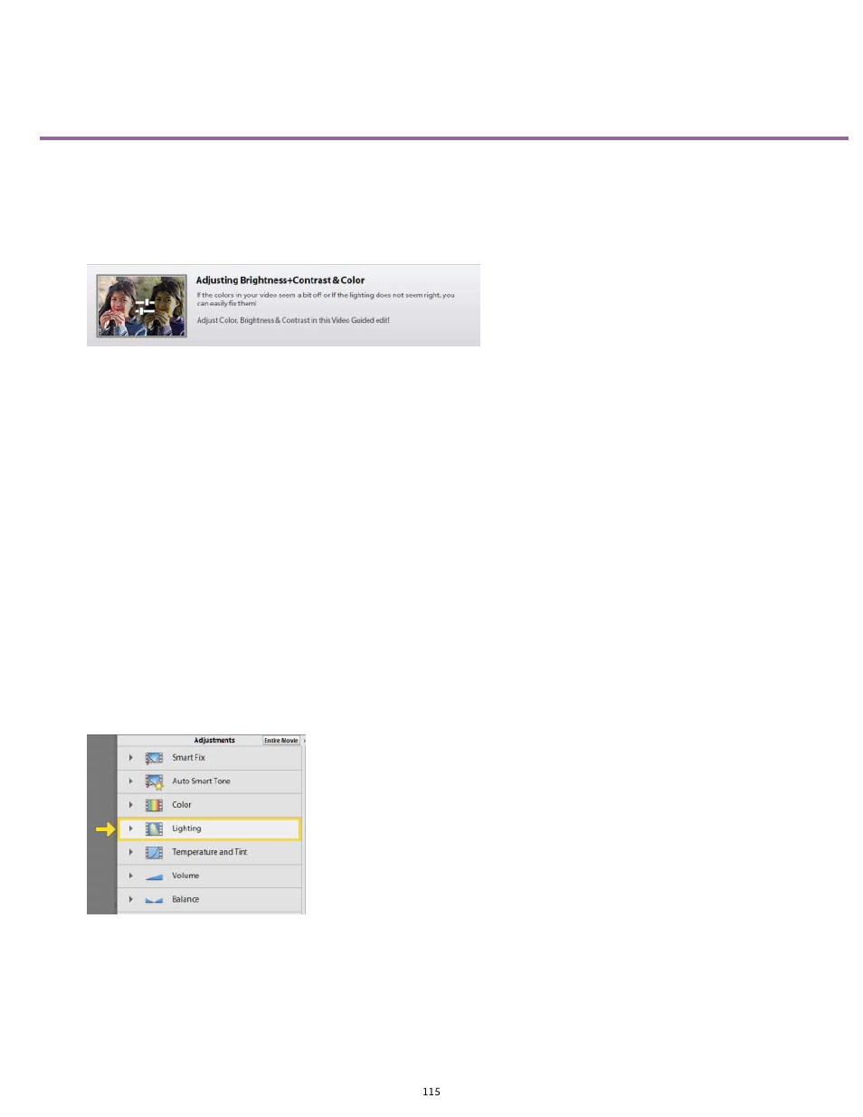 Adding brightness contrast color - guided edit | Adobe Premiere Elements 12 User Manual | Page 119 / 319