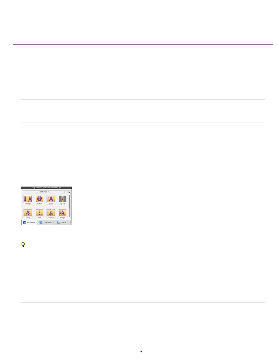 Applying transitions to clips | Adobe Premiere Elements 12 User Manual | Page 123 / 319