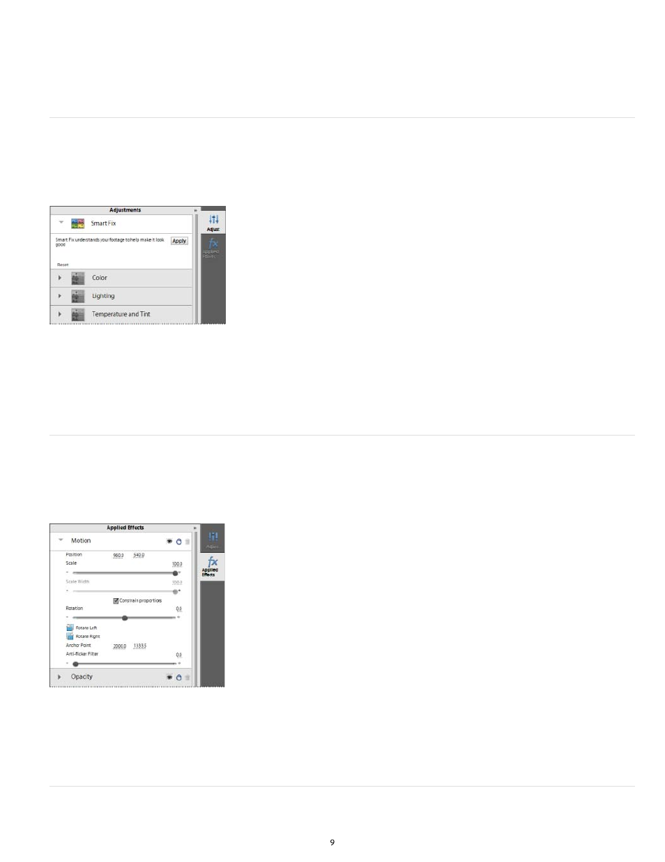 Adjust panel, Applied effects panel, Publish and share panel | Adobe Premiere Elements 12 User Manual | Page 13 / 319