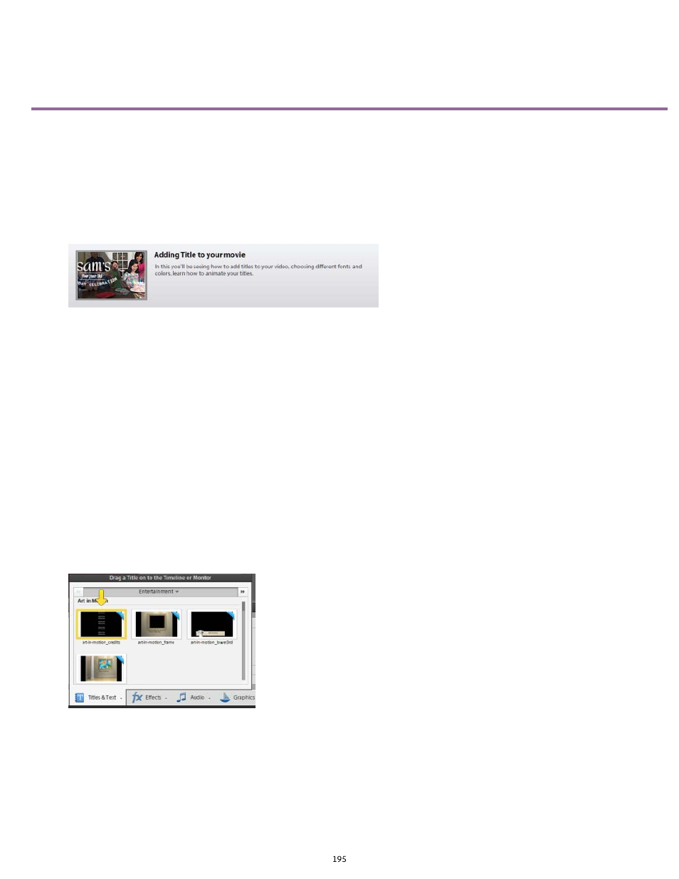 Adding title to your movie - guided edit | Adobe Premiere Elements 12 User Manual | Page 199 / 319