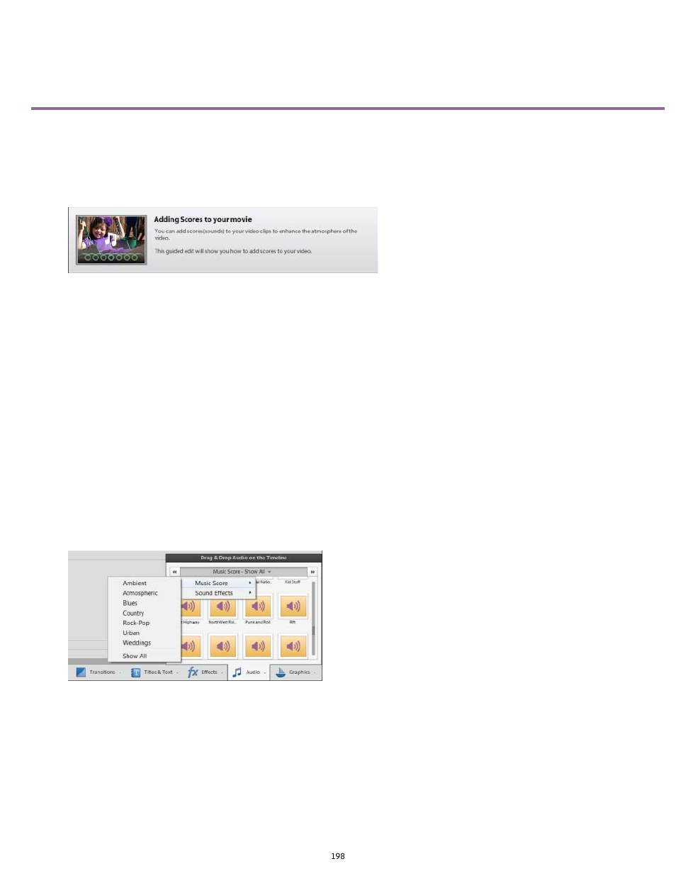 Adding scores to your movie - guided edit | Adobe Premiere Elements 12 User Manual | Page 202 / 319