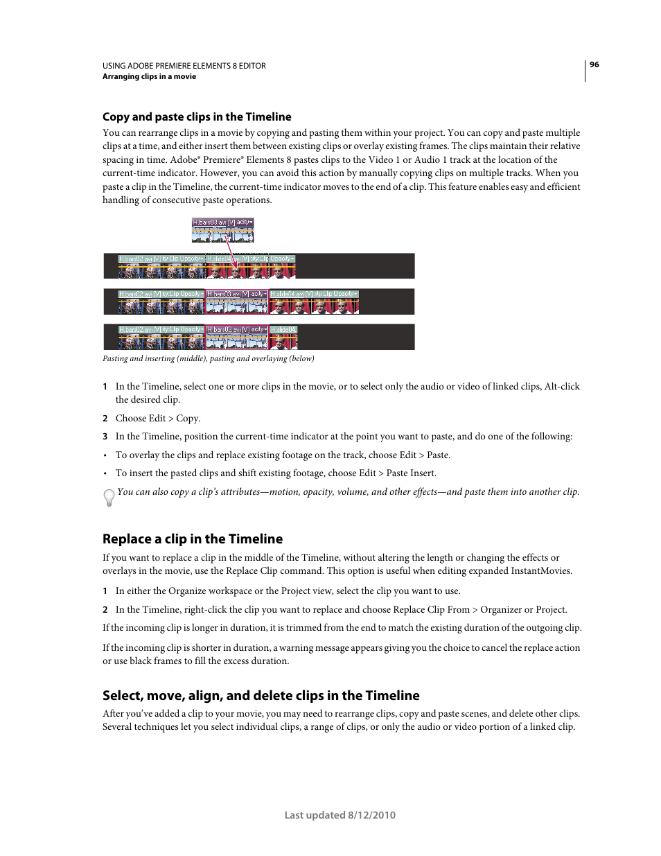 Copy and paste clips in the timeline, Replace a clip in the timeline | Adobe Premiere Elements 8 User Manual | Page 101 / 313