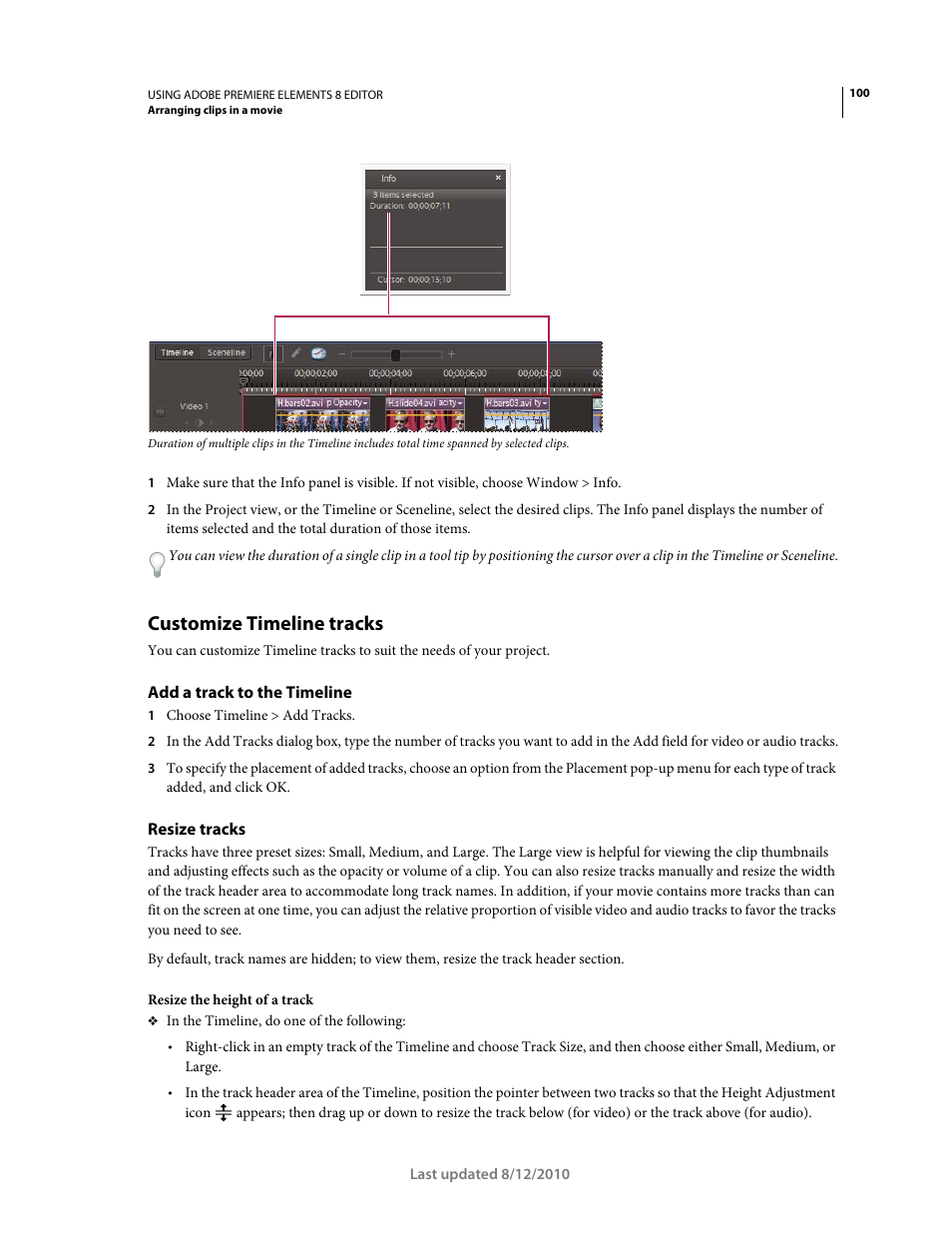 Customize timeline tracks, Add a track to the timeline, Resize tracks | Adobe Premiere Elements 8 User Manual | Page 105 / 313