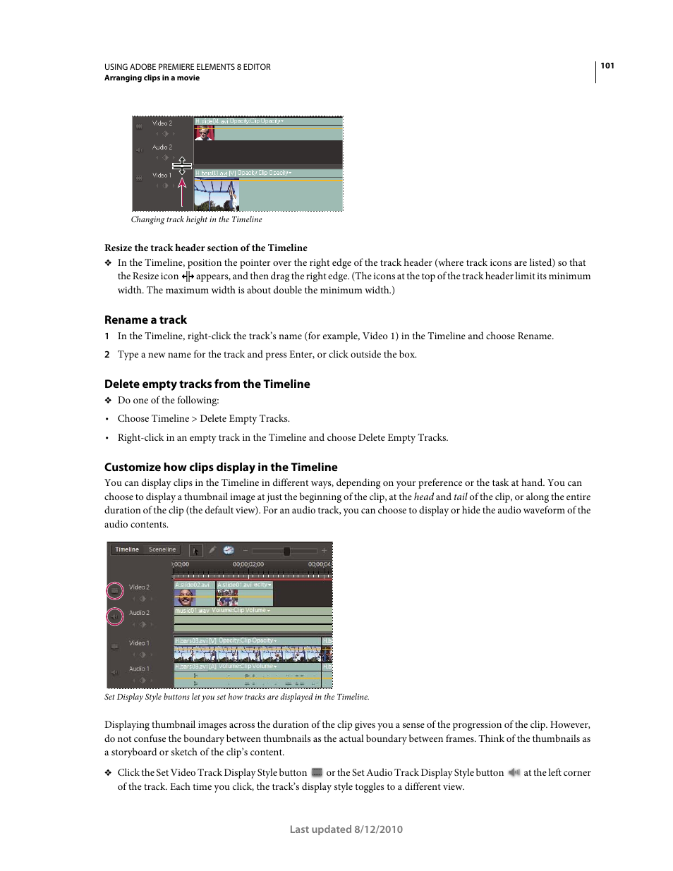 Rename a track, Delete empty tracks from the timeline, Customize how clips display in the timeline | Adobe Premiere Elements 8 User Manual | Page 106 / 313