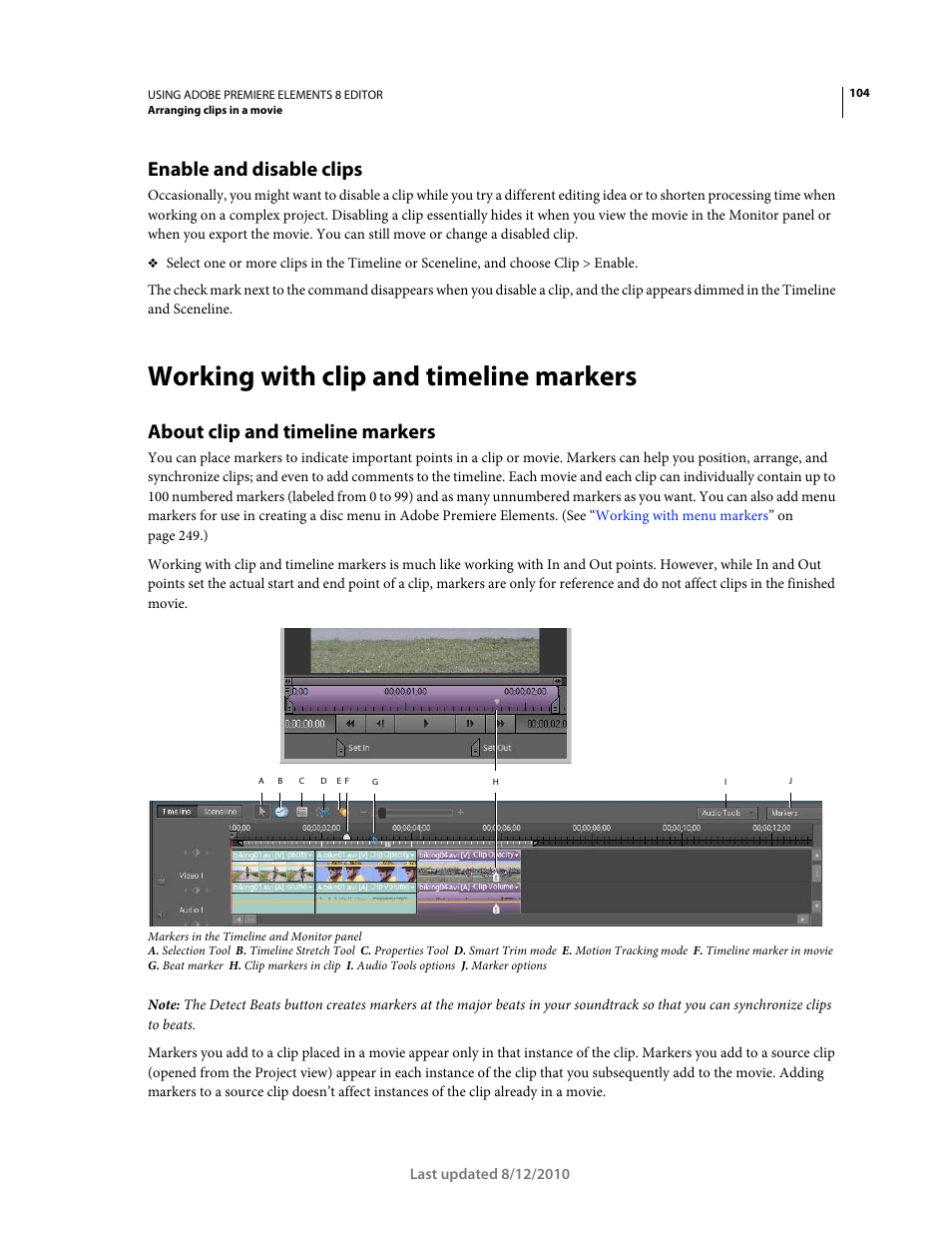 Enable and disable clips, Working with clip and timeline markers, About clip and timeline markers | Adobe Premiere Elements 8 User Manual | Page 109 / 313