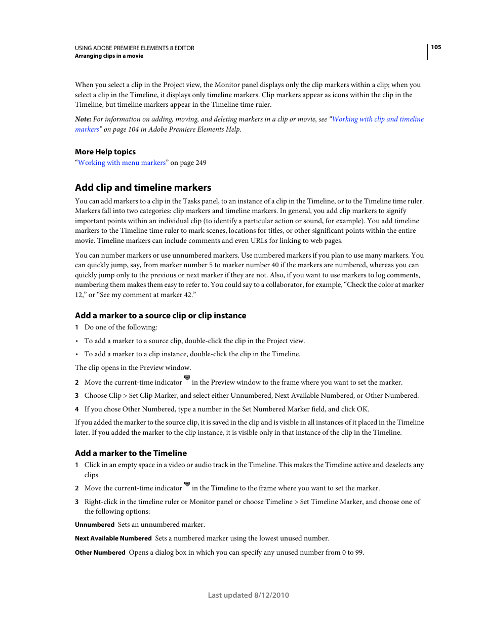 Add clip and timeline markers, Add a marker to a source clip or clip instance, Add a marker to the timeline | Adobe Premiere Elements 8 User Manual | Page 110 / 313