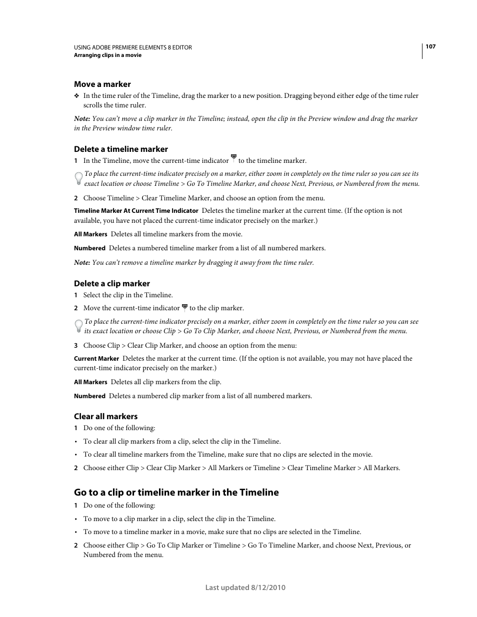 Move a marker, Delete a timeline marker, Delete a clip marker | Clear all markers, Go to a clip or timeline marker in the timeline | Adobe Premiere Elements 8 User Manual | Page 112 / 313