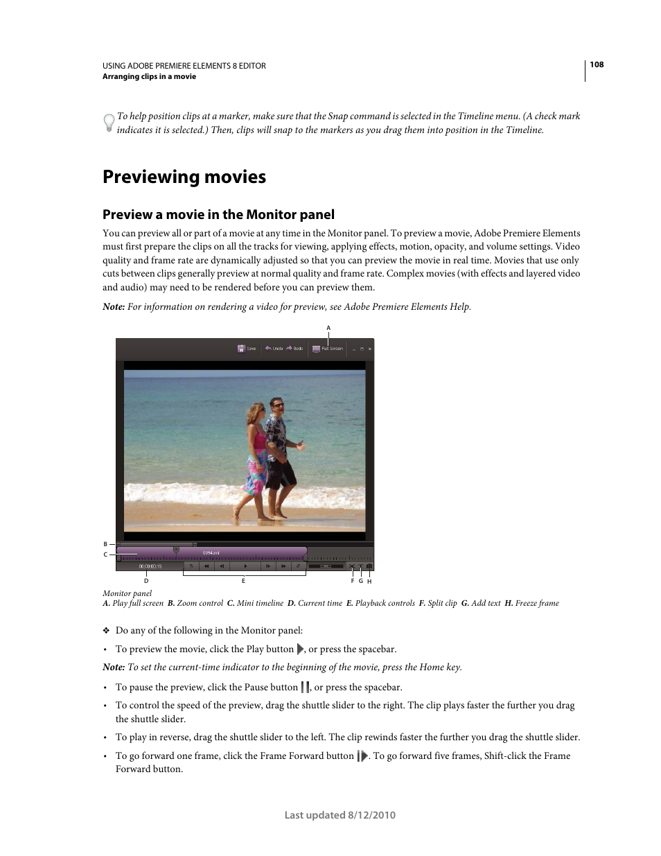 Previewing movies, Preview a movie in the monitor panel | Adobe Premiere Elements 8 User Manual | Page 113 / 313