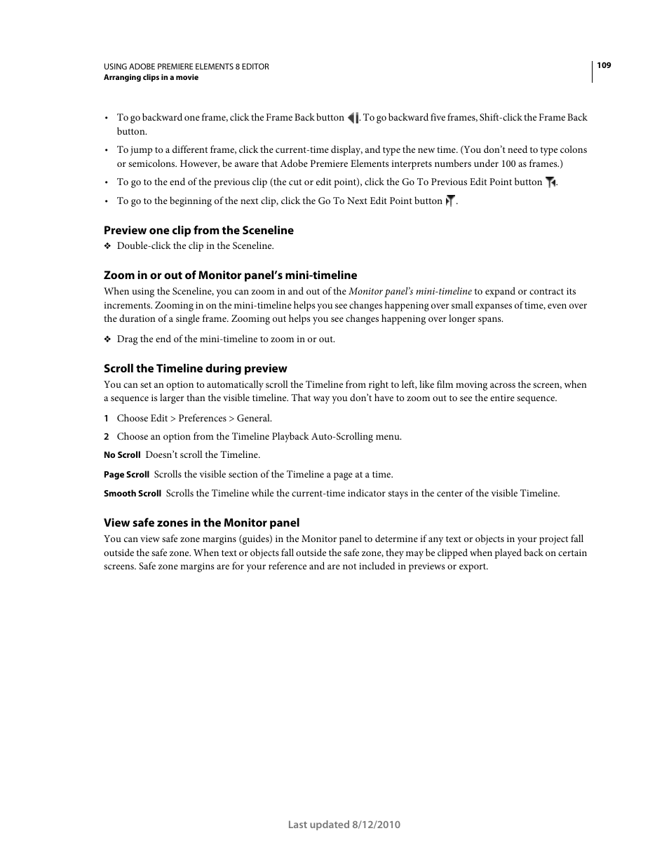 Preview one clip from the sceneline, Zoom in or out of monitor panel’s mini-timeline, Scroll the timeline during preview | View safe zones in the monitor panel | Adobe Premiere Elements 8 User Manual | Page 114 / 313