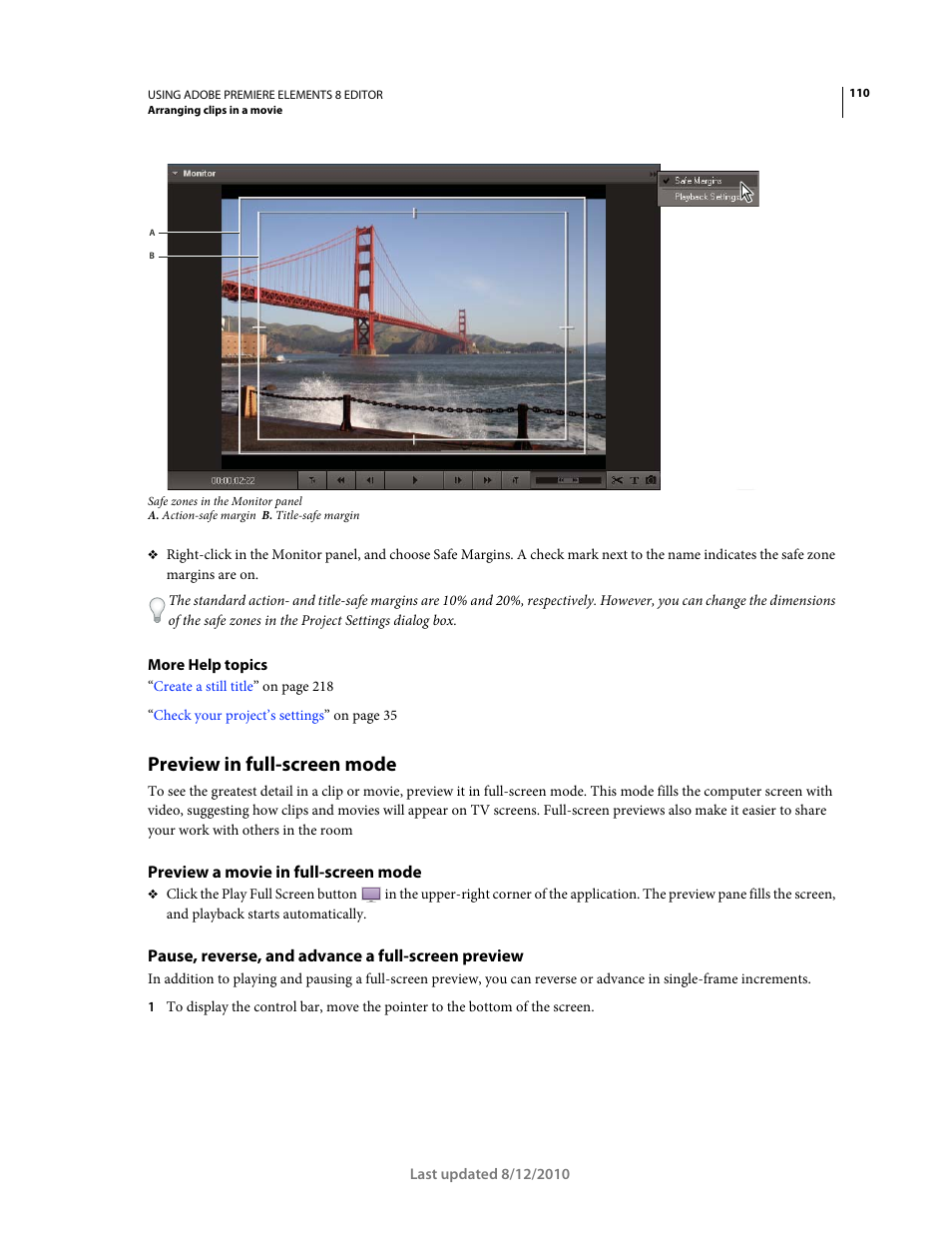 Preview in full-screen mode, Preview a movie in full-screen mode, Pause, reverse, and advance a full-screen preview | Adobe Premiere Elements 8 User Manual | Page 115 / 313