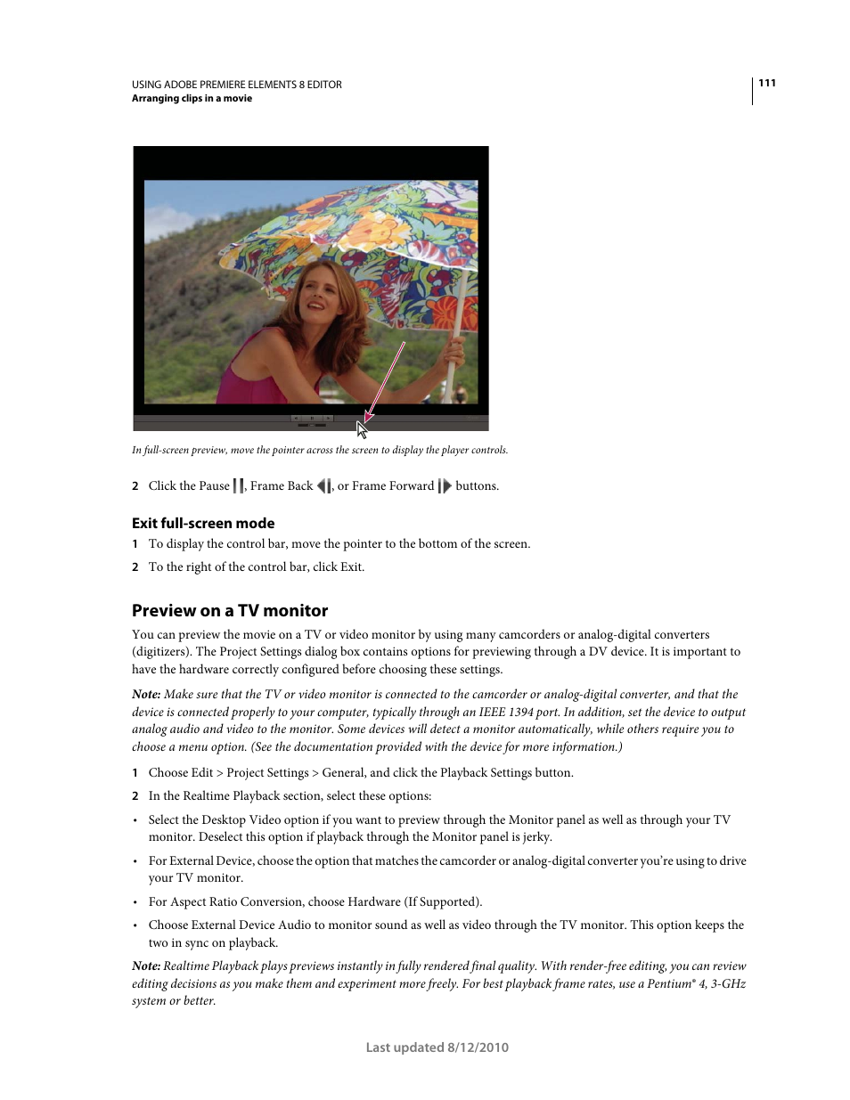 Exit full-screen mode, Preview on a tv monitor | Adobe Premiere Elements 8 User Manual | Page 116 / 313