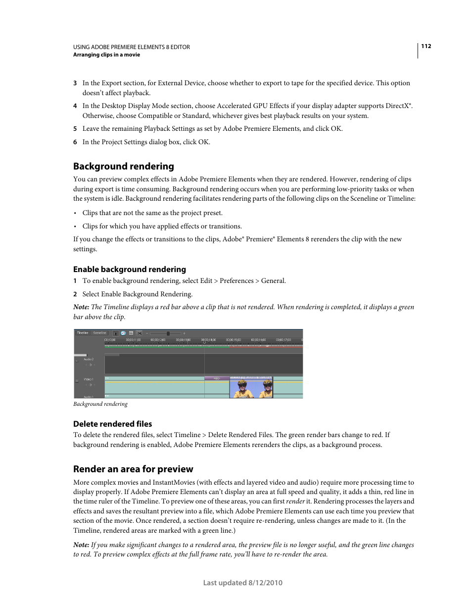 Background rendering, Enable background rendering, Delete rendered files | Render an area for preview | Adobe Premiere Elements 8 User Manual | Page 117 / 313